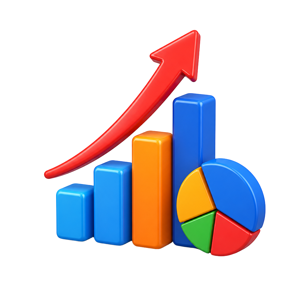 Logo Finanças Família Pinheiro: gráfico de barras com seta de crescimento e gráfico de pizza